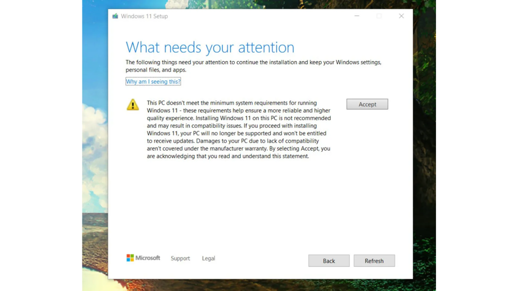 Windows 11'i Desteklenmeyen Bilgisayarda Microsoft Feragatnamesi